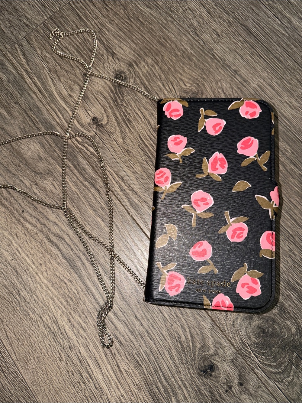 Kate Spade Floral Black & Pink Phone Silver Chain Crossbody Wallet